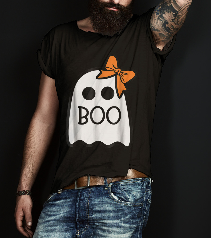Cute Ghost Boo With Orange Bow For Halloween T-Shirt
