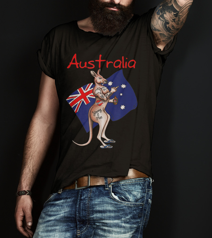Australia Tattooed Kangaroo Young And Free Flag T-Shirt