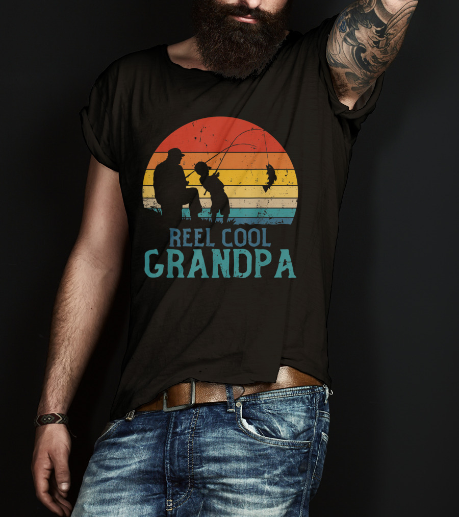 Reel Cool Grandpa Fishing Father's Day Grandfather Retro Sunset T-Shirt