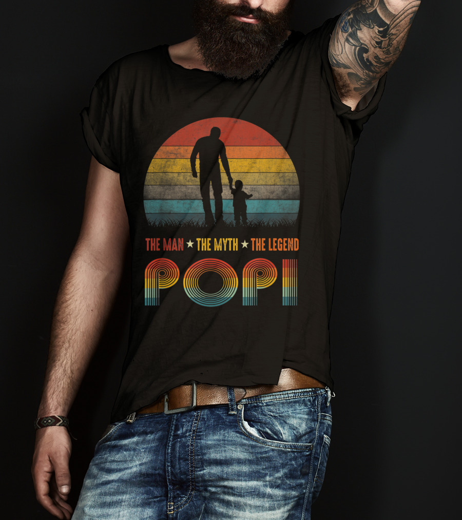 Popi The Man The Myth The Legend Vintage Silhouette Retro Sunset T-Shirt