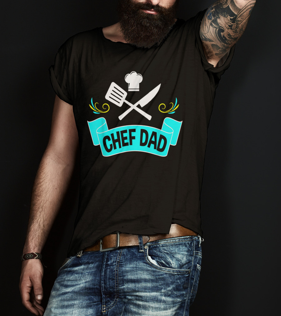 Chef Dad Cooking Daddy Banner With Chef Hat And Cooking Tools T-Shirt