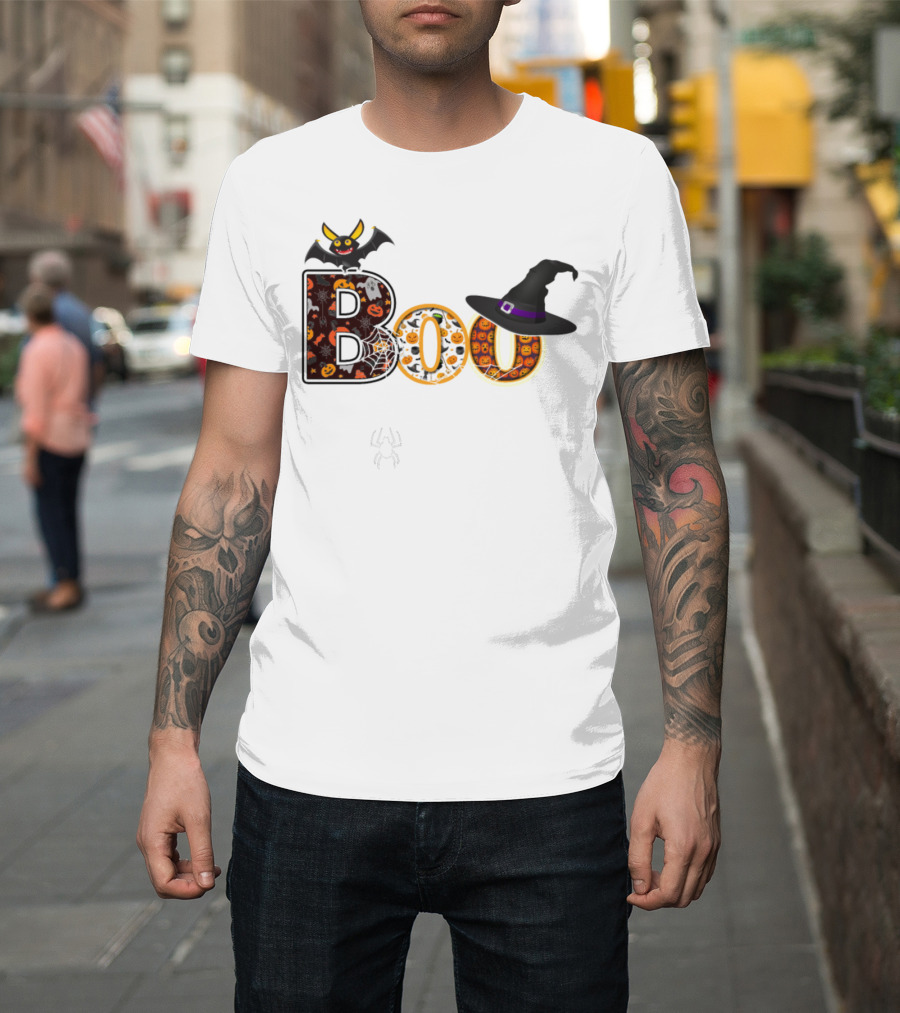 Boo Spider Web Bat Witch Hat Halloween T-Shirt