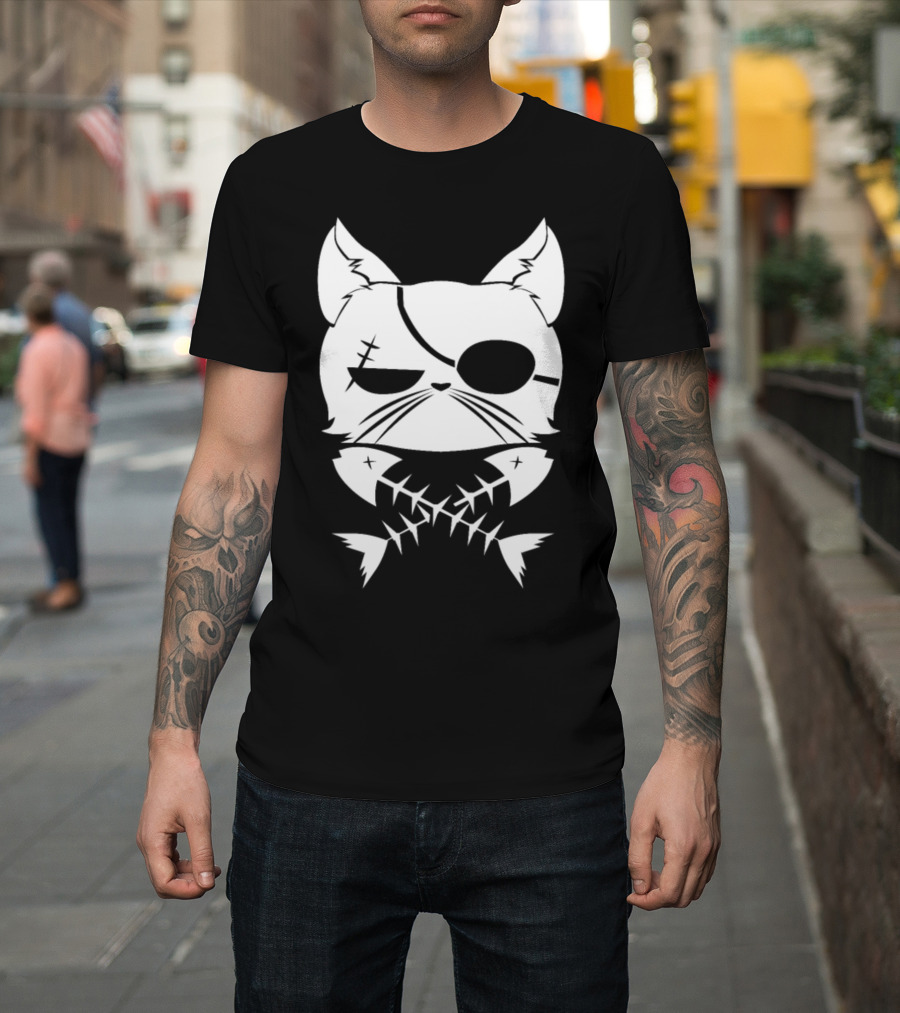 Halloween Cat Skull Crossbones Eye Patch Pirate T-Shirt