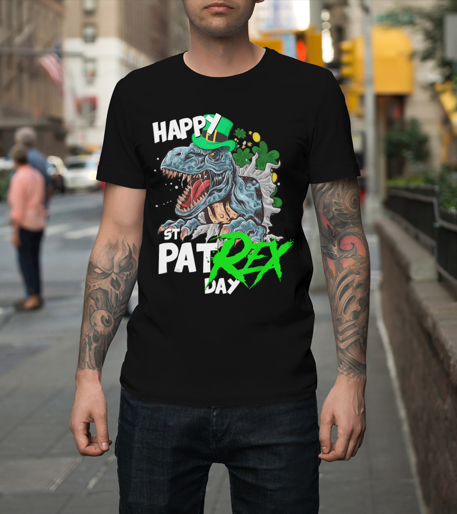 Happy St Pat Rex Day Dinosaur with Shamrock Hat T-Shirt
