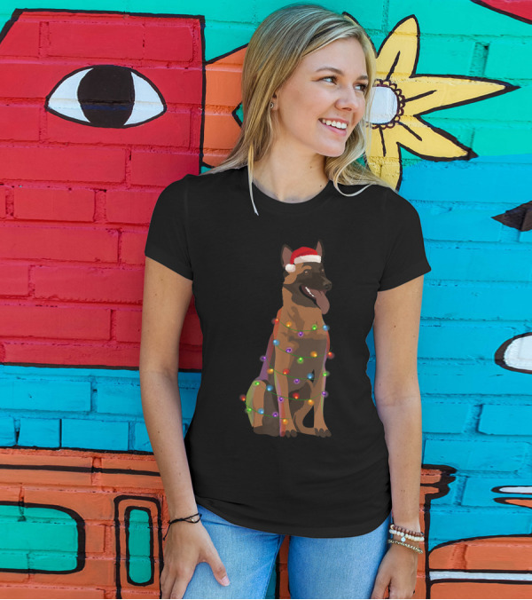 Belgian Malinois Christmas Lights Santa Hat Holiday Dog T-Shirt