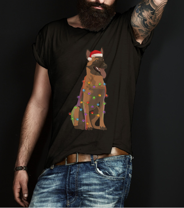 Belgian Malinois Christmas Lights Santa Hat Holiday Dog T-Shirt
