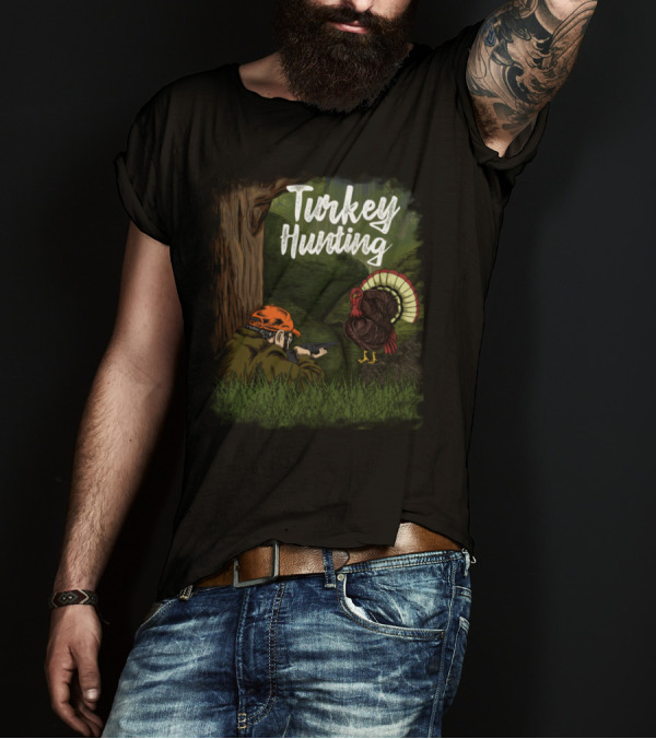 Turkey Hunting Adventure With Humorous Hunter And Turkey In Forest Scene T-Shirt