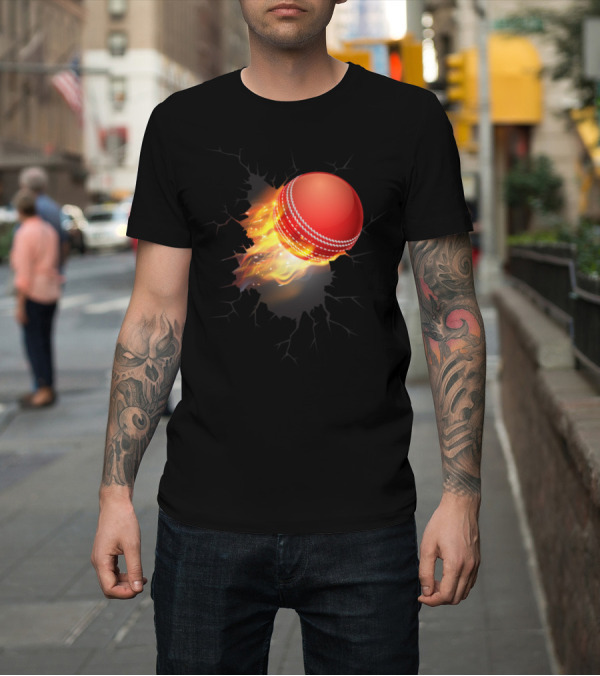 Shirt: Cricket and Men Cricketer Inside Fiery Cricket Ball T-Shirt Cricket and Men Cricketer Inside Fiery Cricket Ball T-Shirt