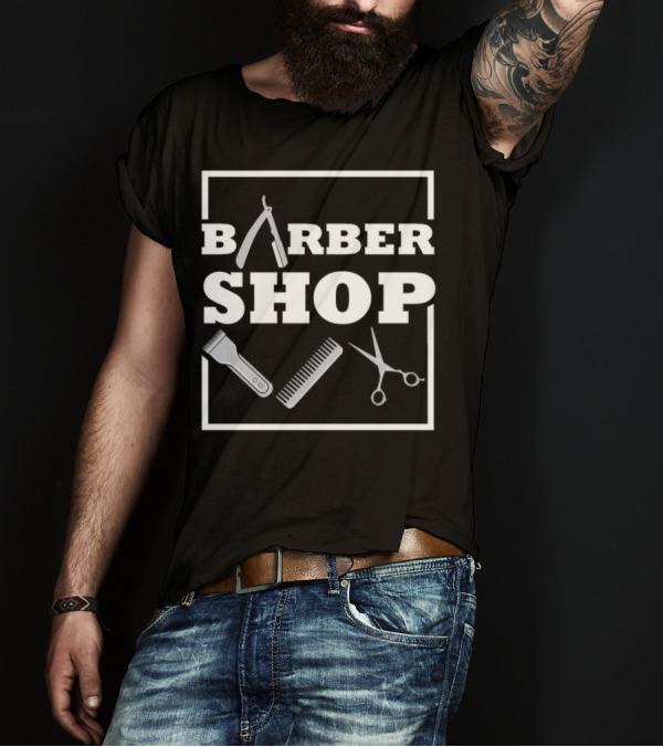 Barbear Shop Barber Stylist With Razor Comb Scissors And Clippers T-Shirt