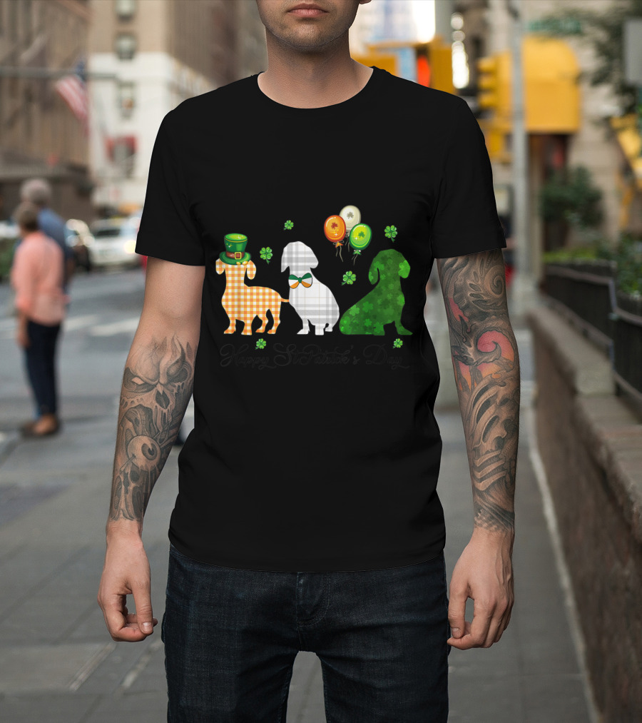 Happy St. Patrick's Day Irish Flag Three Dachshund Dogs Shamrock Balloons T-Shirt