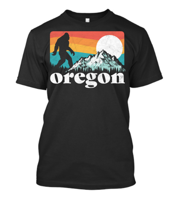 Oregon Bigfoot Mountains Retro Rainbow Sun T-Shirt
