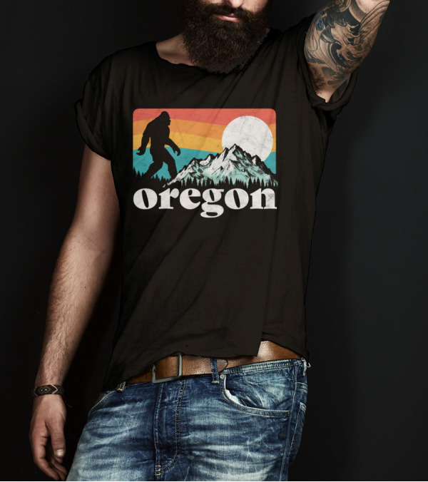 Oregon Bigfoot Mountains Retro Rainbow Sun T-Shirt