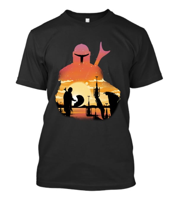 The Mandalorian Sunset Silhouette With Bounty Hunter And Child In Desert Scene T-Shirt