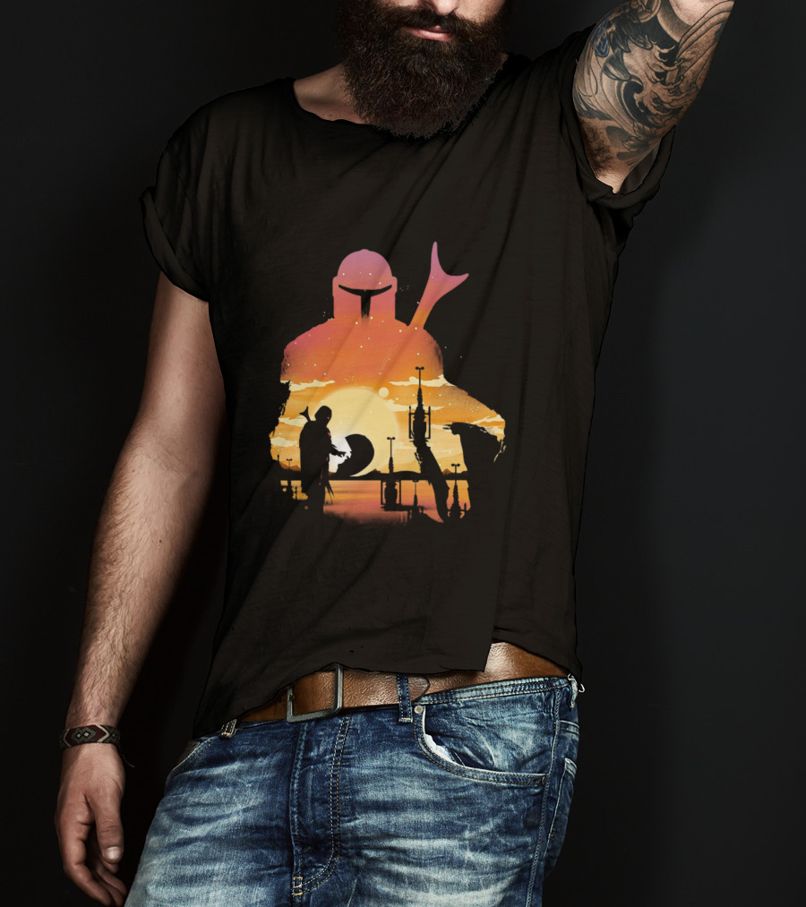 The Mandalorian Sunset Silhouette With Bounty Hunter And Child In Desert Scene T-Shirt