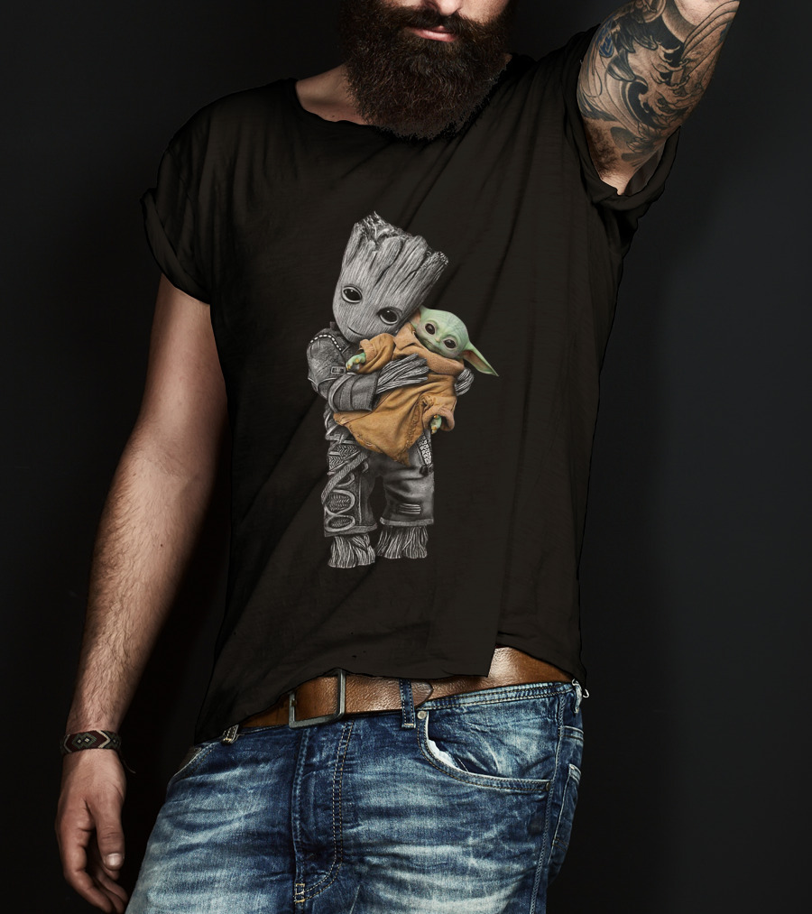 Groot Cradling Baby Yoda Together T-Shirt