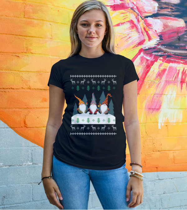 Cute Garden Gnomes Xmas Elf Holiday Festive Winter Scene With Reindeer And Trees T-Shirt