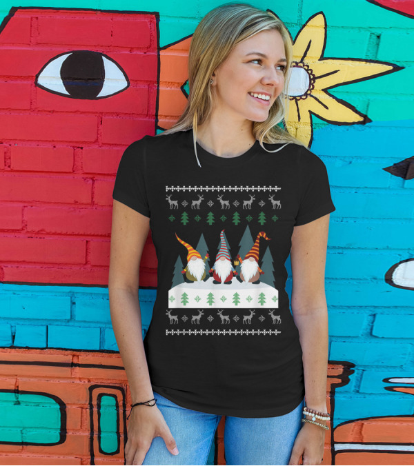 Cute Garden Gnomes Xmas Elf Holiday Festive Winter Scene With Reindeer And Trees T-Shirt