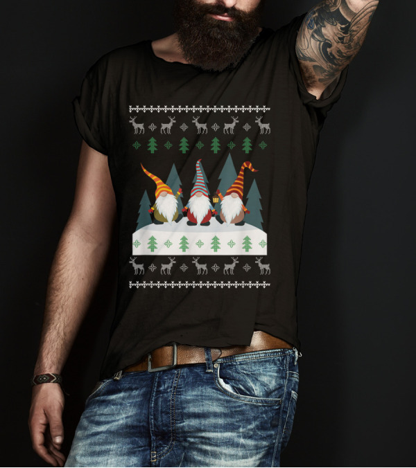 Cute Garden Gnomes Xmas Elf Holiday Festive Winter Scene With Reindeer And Trees T-Shirt