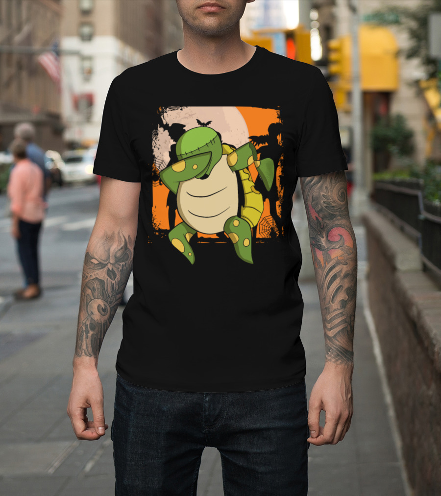 Dabbing Frankenstein Turtle Halloween Night Scene T-Shirt