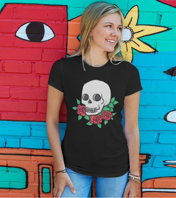 Floral Skull Roses And Leaves T-Shirt