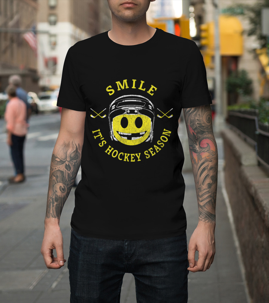 Smile It's Hockey Season Retro Vintage Hockey Helmet Puck T-Shirt