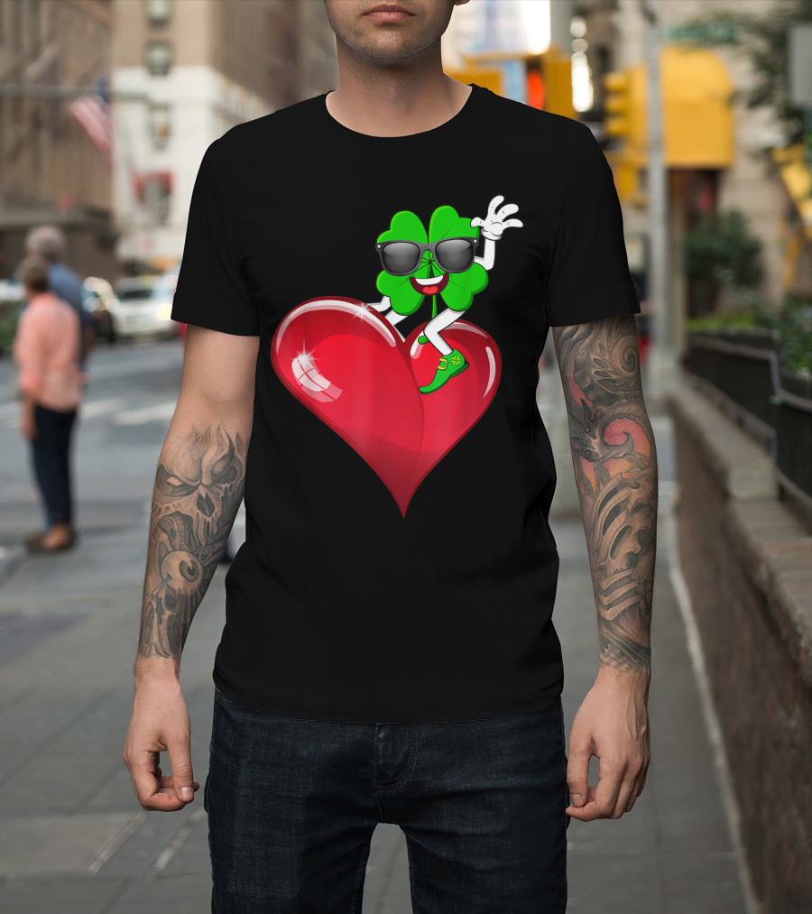Shamrock Riding Heart with Sunglasses St Patrick's Day T-Shirt