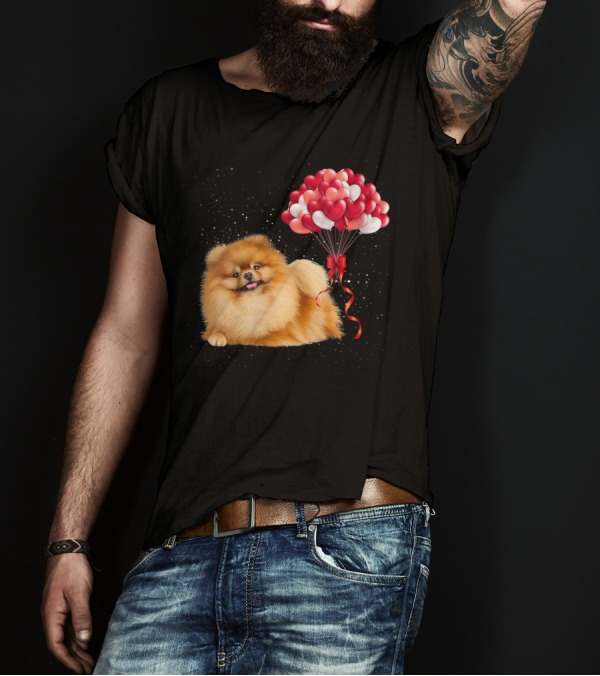 Pomeranian Valentines Day Funny Dog With Heart Balloons T-Shirt