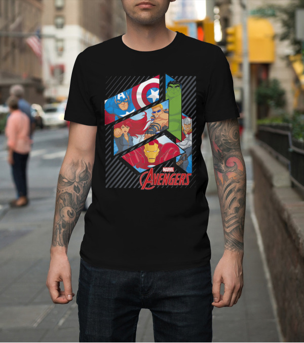 Shirt: Marvel Avengers Captain America Hulk Thor Iron Man Black Widow Striped Panels T-Shirt Marvel Avengers Captain America Hulk Thor Iron Man Black Widow Striped Panels T-Shirt