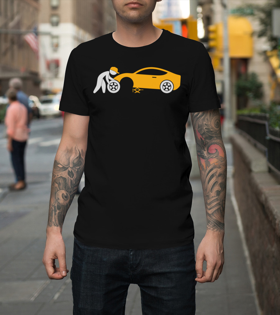 Mechanic Repairing Car Silhouette with Orange Sports Car T-Shirt