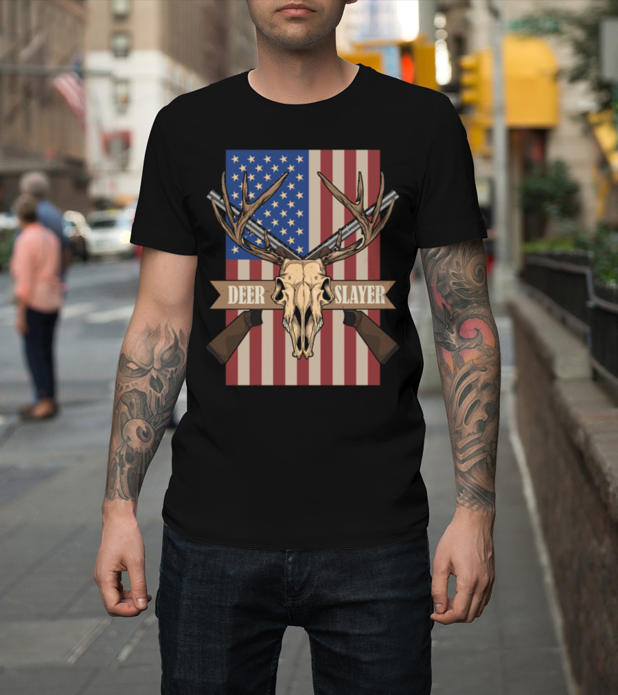Deer Slayer Antlers and Guns on USA Flag Background T-Shirt