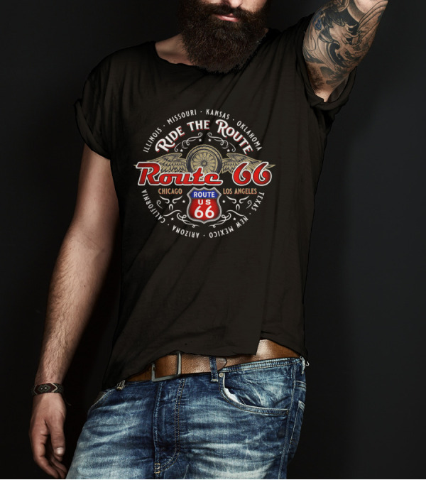 Route 66 Ride The Route Chicago Los Angeles Motorcycle Bikers Winged Wheel USA T-Shirt