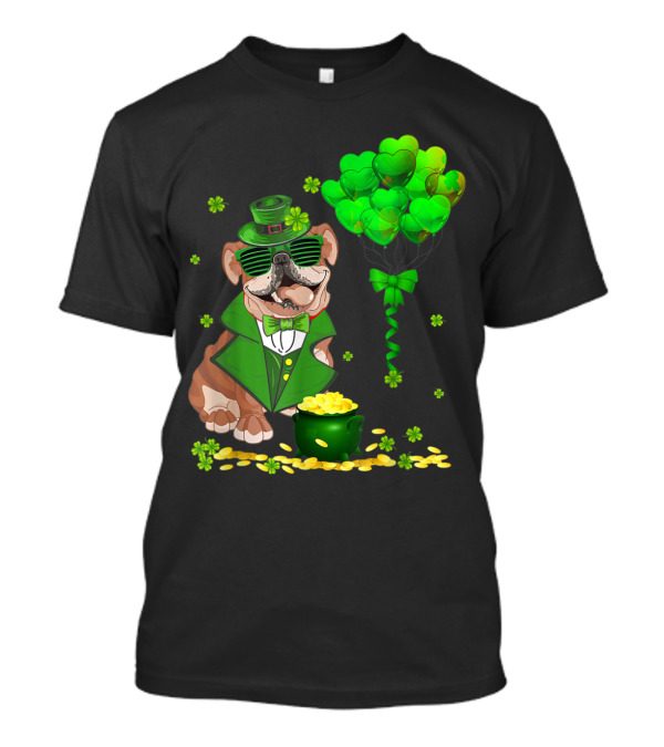 Irish English Bulldog Leprechaun Green Heart Balloons Gold Coins T-Shirt