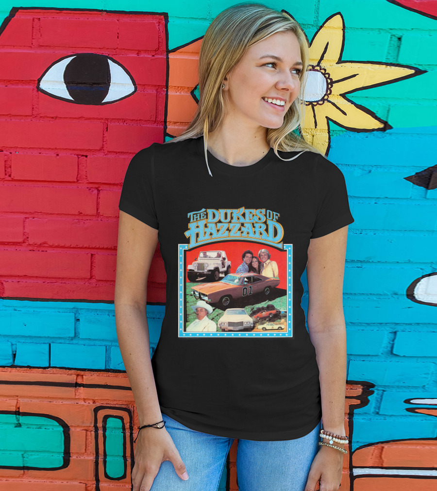 The Dukes Of Hazzard 01 Car And Characters With Jeep And Cowboy Hat T-Shirt
