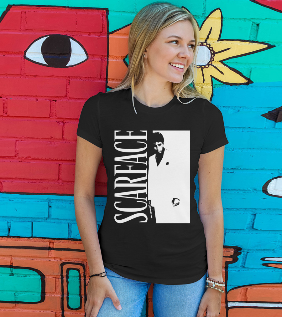 Scarface White Suit Black Background Iconic Movie Image T-Shirt