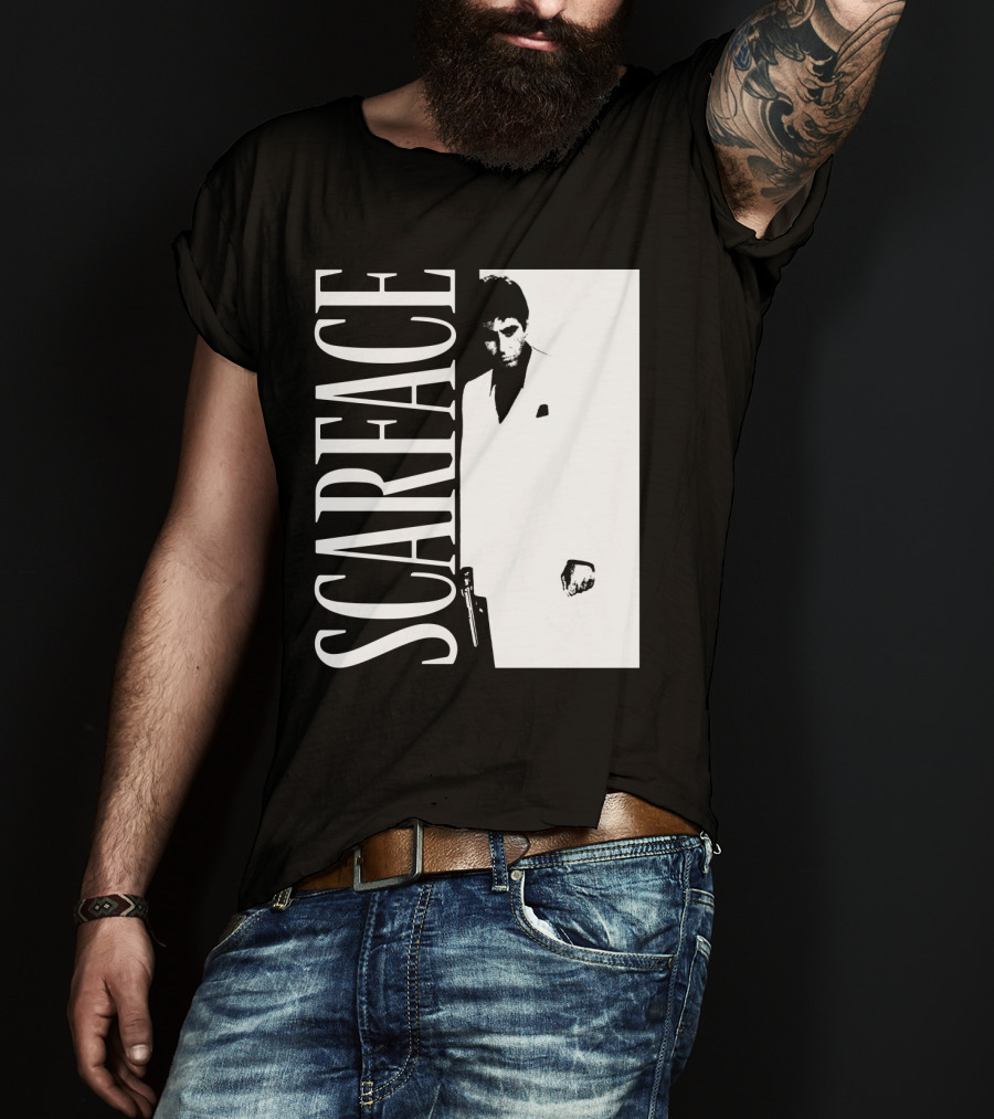 Scarface White Suit Black Background Iconic Movie Image T-Shirt