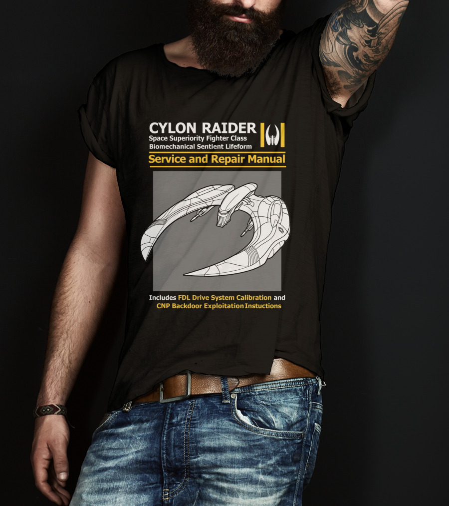 CYLON RAIDER Service And Repair Manual Biomechanical Sentient Lifeform Space Superiority Fighter Class T-Shirt