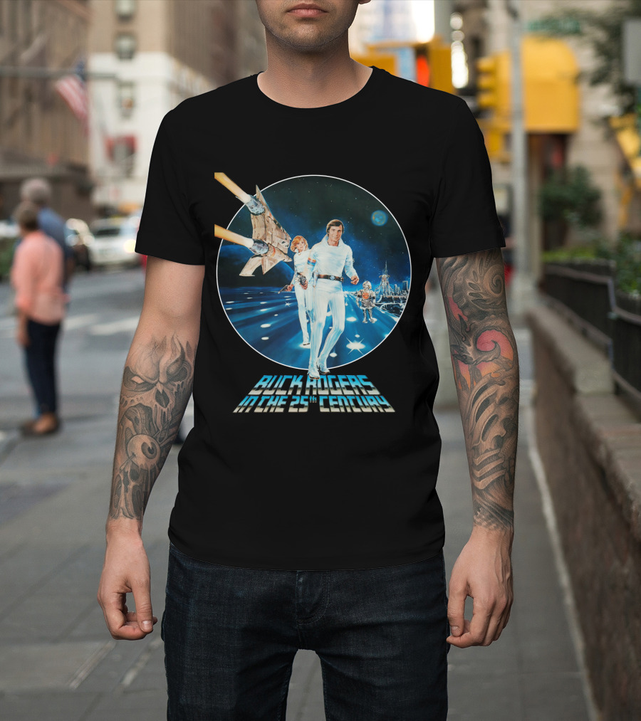 Buck Rogers in the 25th Century Space Adventure Crew and Starship on Futuristic Landscape T-Shirt