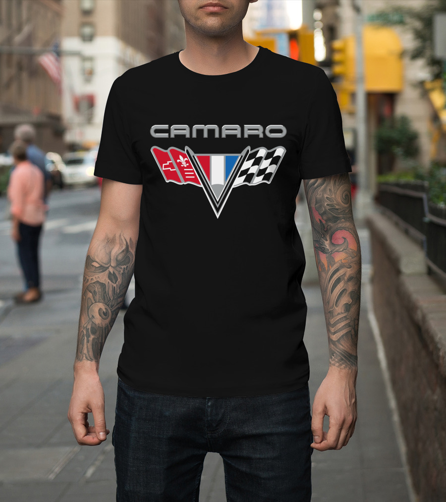 Camaro Chevrolet Racing Flags Logo With Emblems T-Shirt