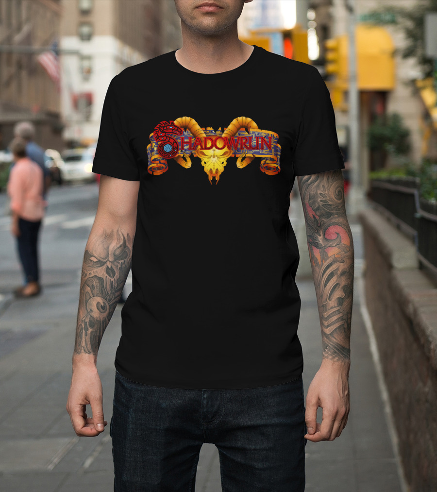 Shadowrun Red Spiral Dragon And Yellow Horned Skull T-Shirt