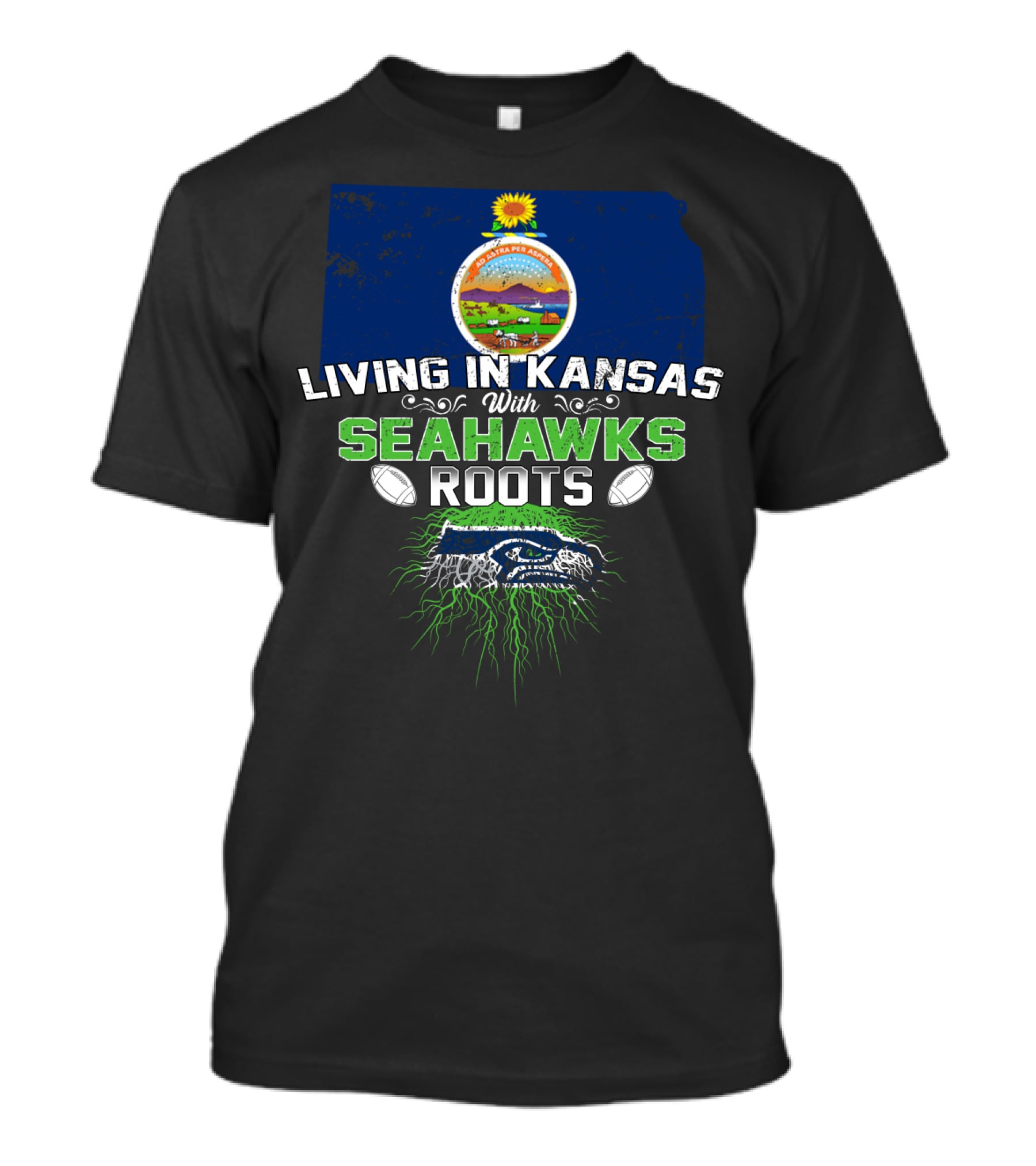 Living In Kansas With SEATTLE SEAHAWKS Roots Kansas State Pride NFL Football Fan T-Shirt