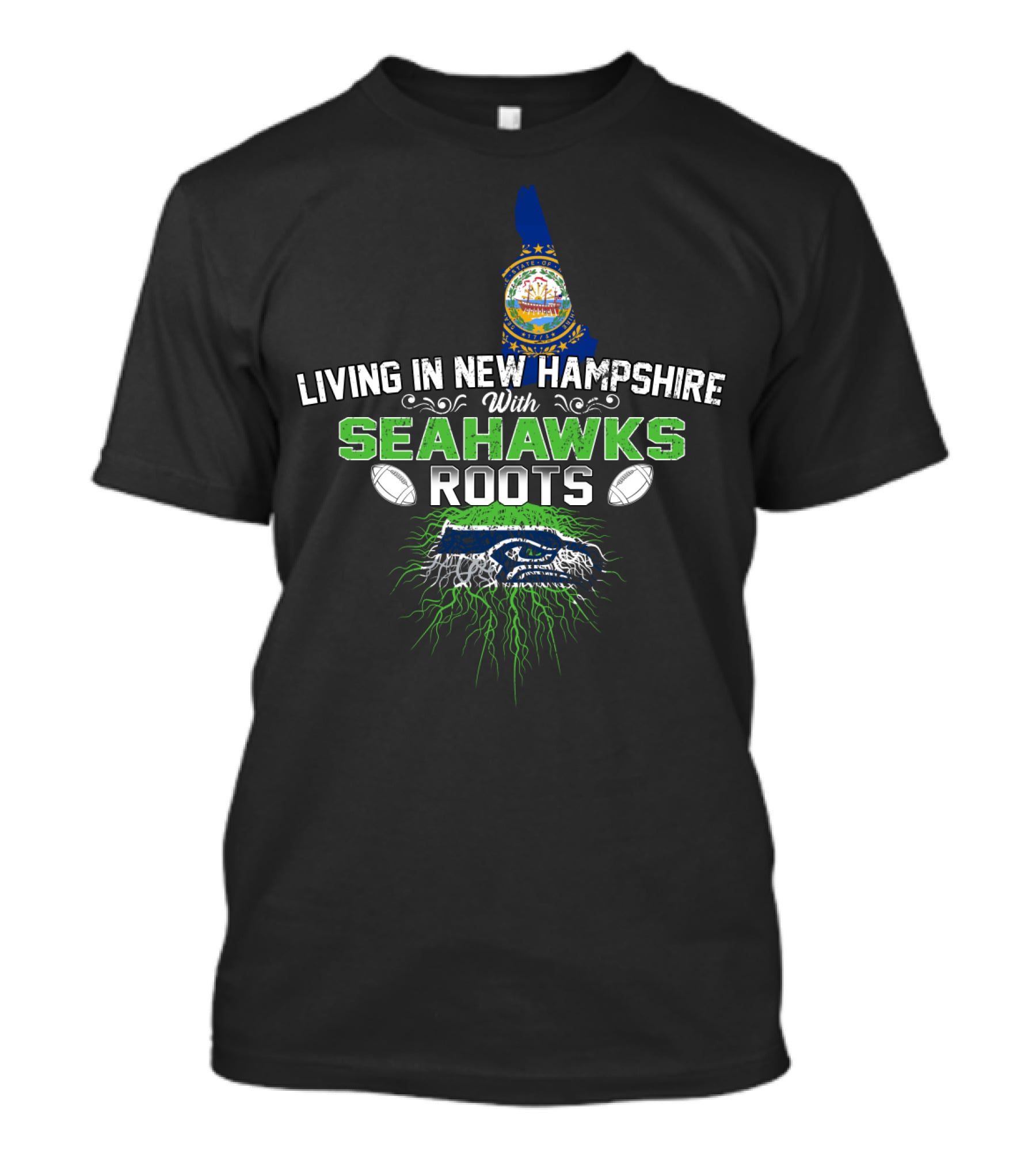 Living In New Hampshire With SEAHAWKS Roots And New Hampshire State Outline And Seahawks Colors T-Shirt