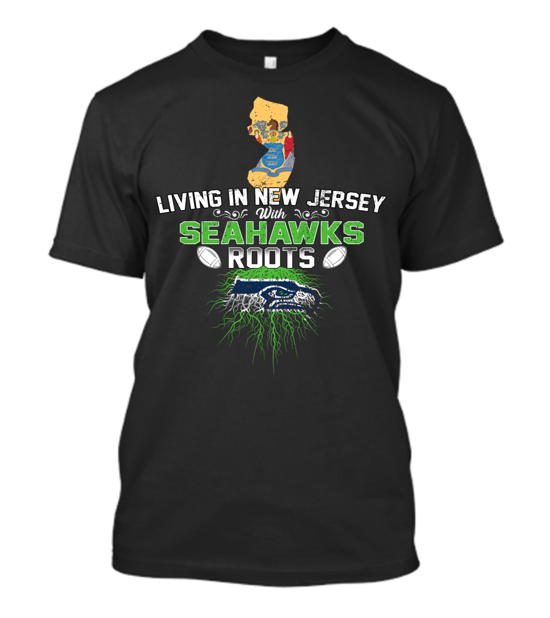 Living IN New Jersey With Seahawks Roots Map T-Shirt