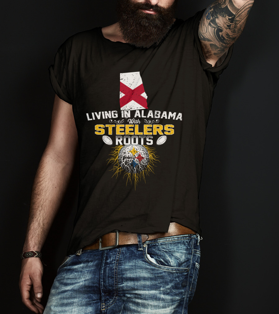 Living In Alabama Embracing STEELERS Roots With State Flag And Football Elements T-Shirt