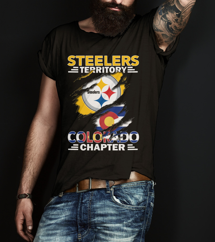 Steelers Territory Colorado Chapter Logo With Colorado Flag And Steelers T-Shirt