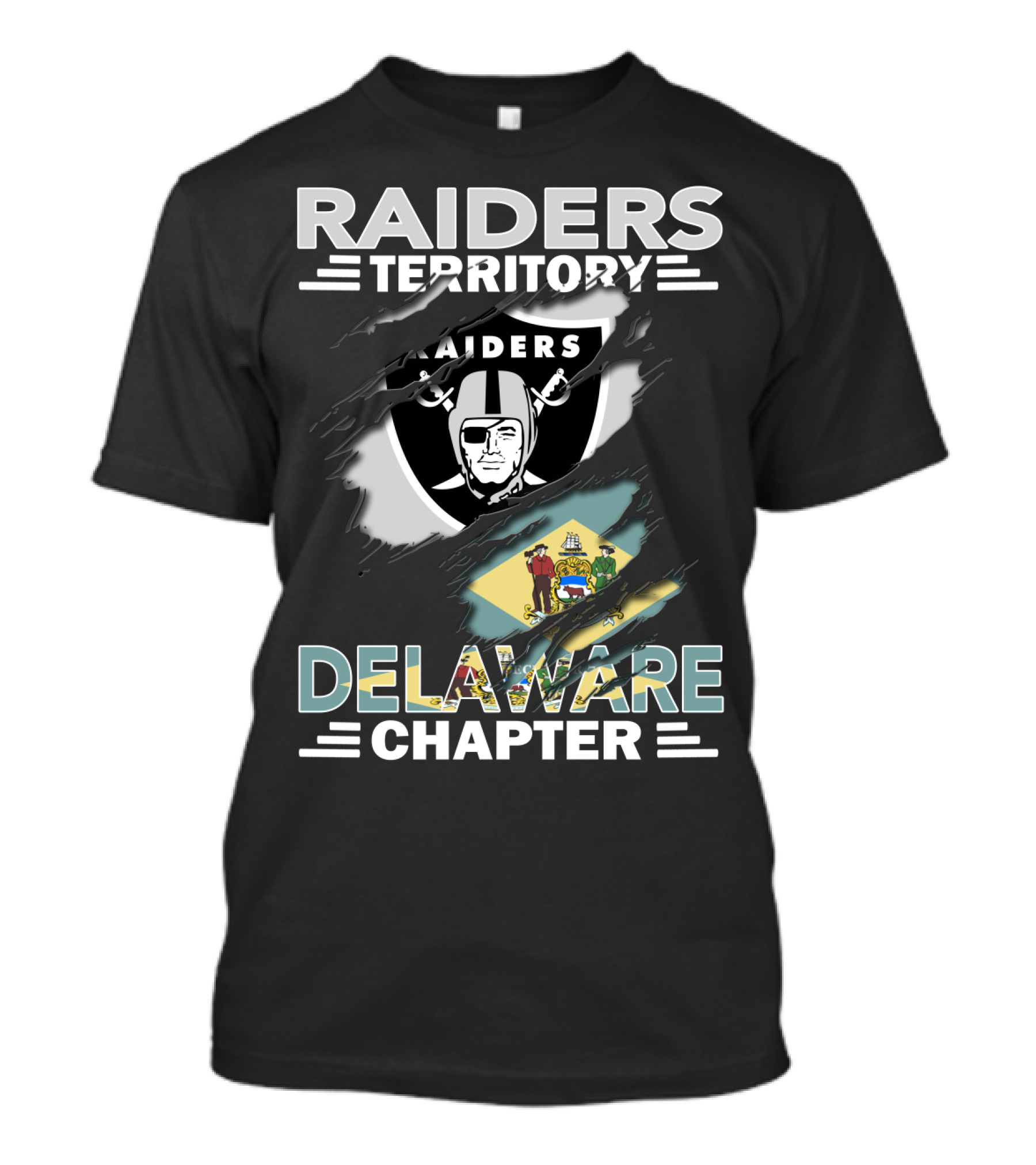 Raiders Territory Delaware Chapter With Raiders Shield And Delaware Flag T-Shirt