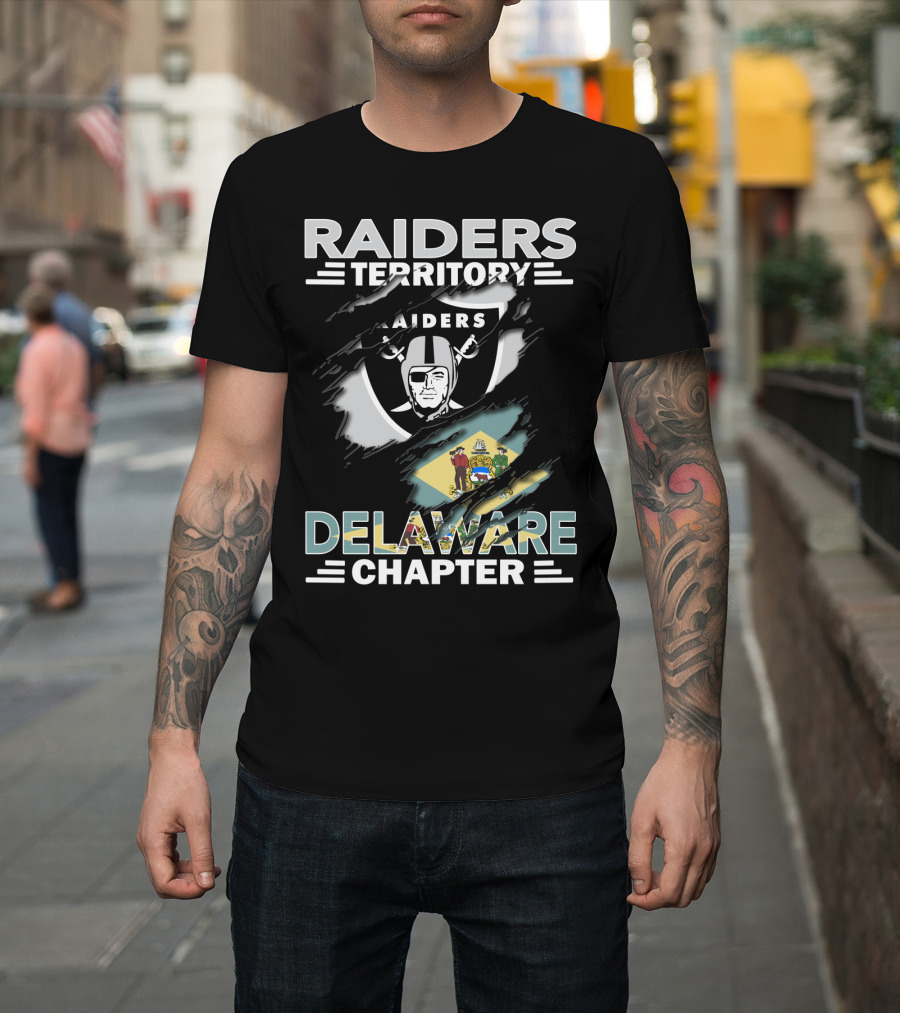 Raiders Territory Delaware Chapter With Raiders Shield And Delaware Flag T-Shirt