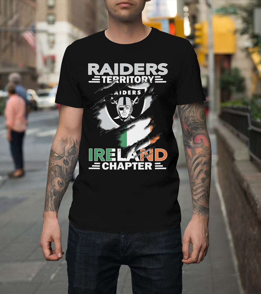 Raiders Territory Ireland Chapter Logo With Torn Flag And Iconic Shield T-Shirt