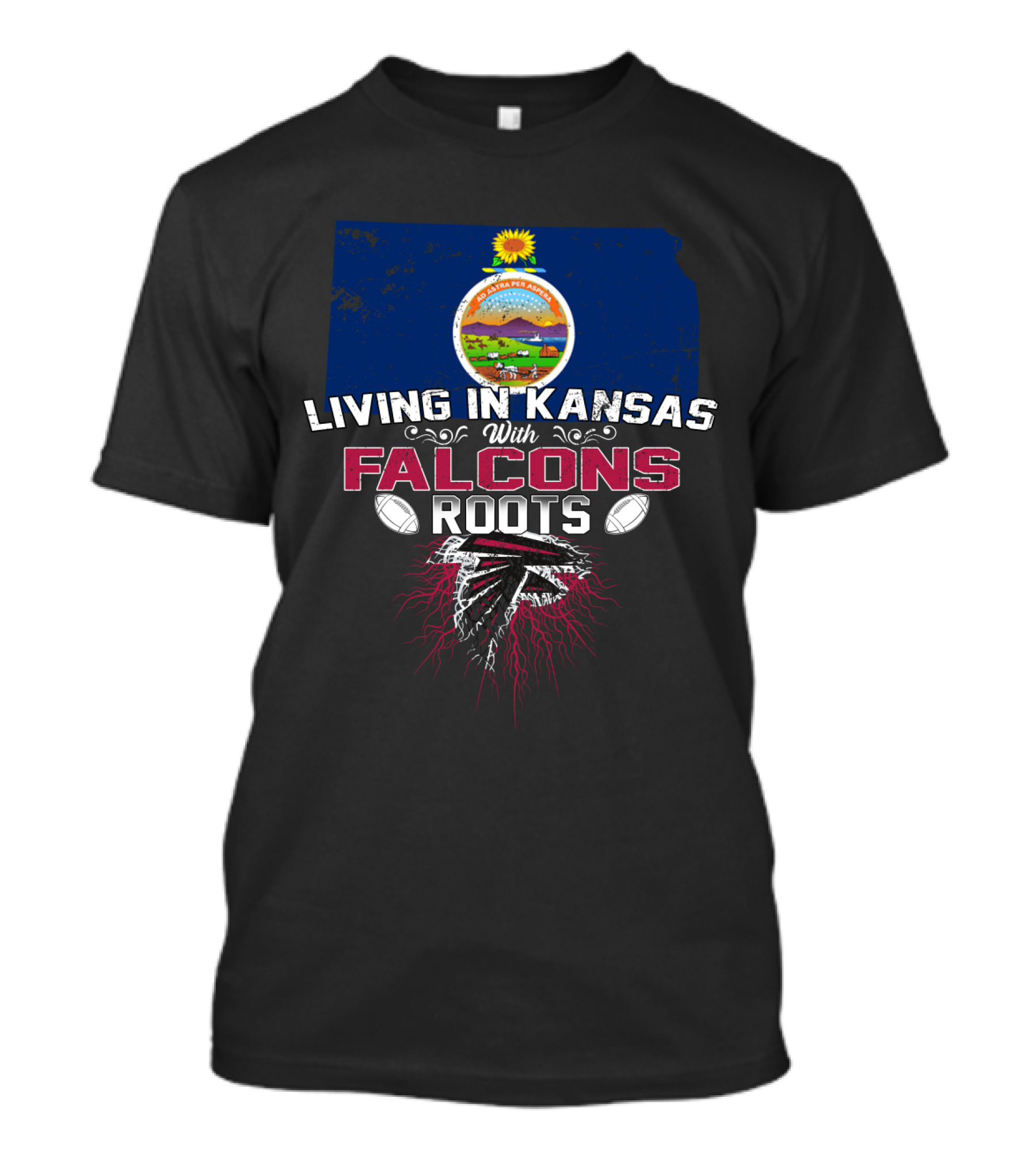 Living In Kansas With Falcons Roots Kansas State Seal Football Motif T-Shirt