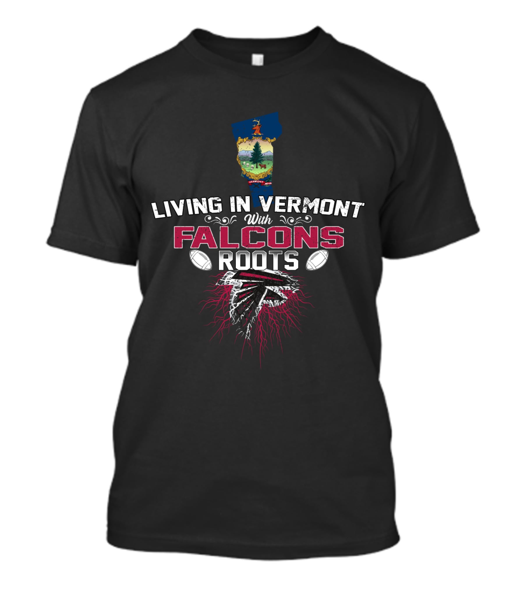 Living In Vermont With Atlanta Falcons Roots And Vermont State Outline T-Shirt