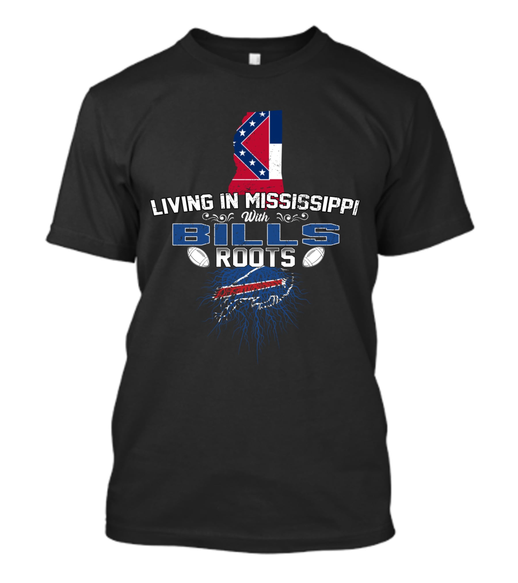 Living In Mississippi With Buffalo Bills Roots And State Flag T-Shirt